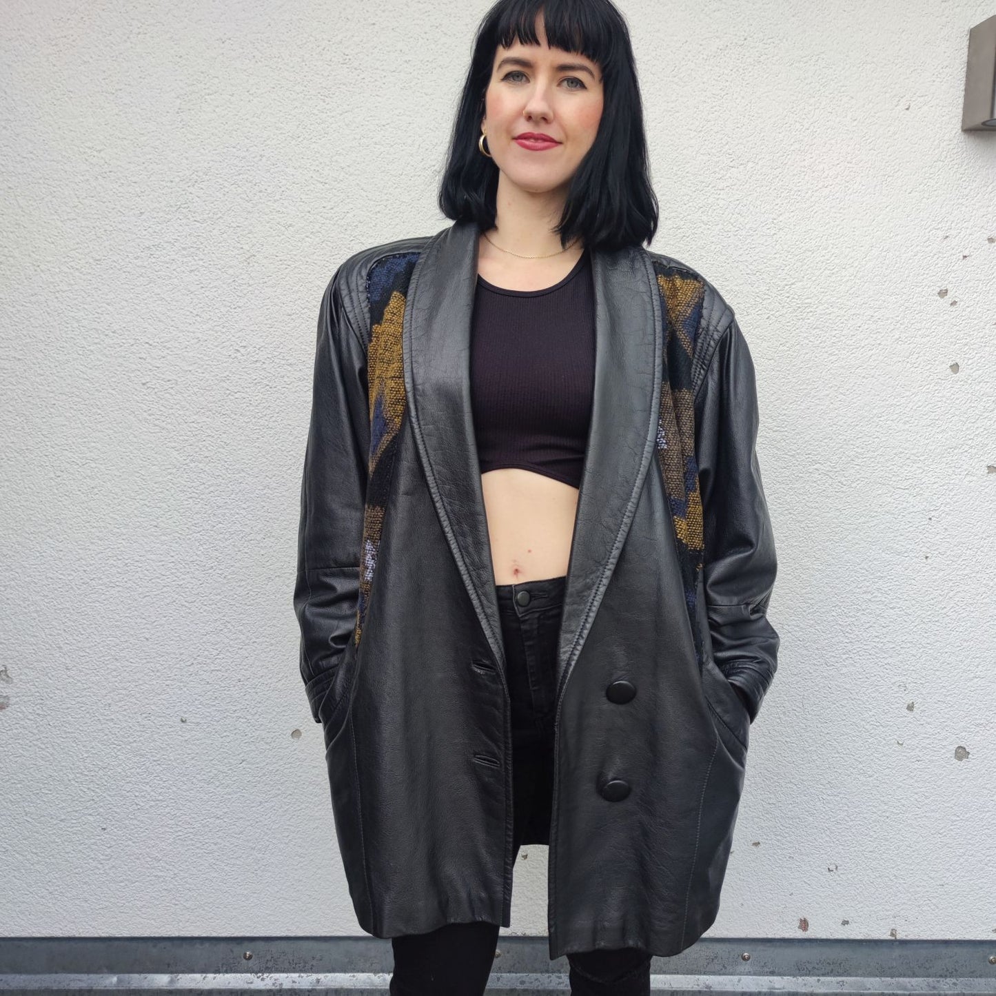 Vintage Lederjacke schwarz mit Aztekenmuster Gr. L