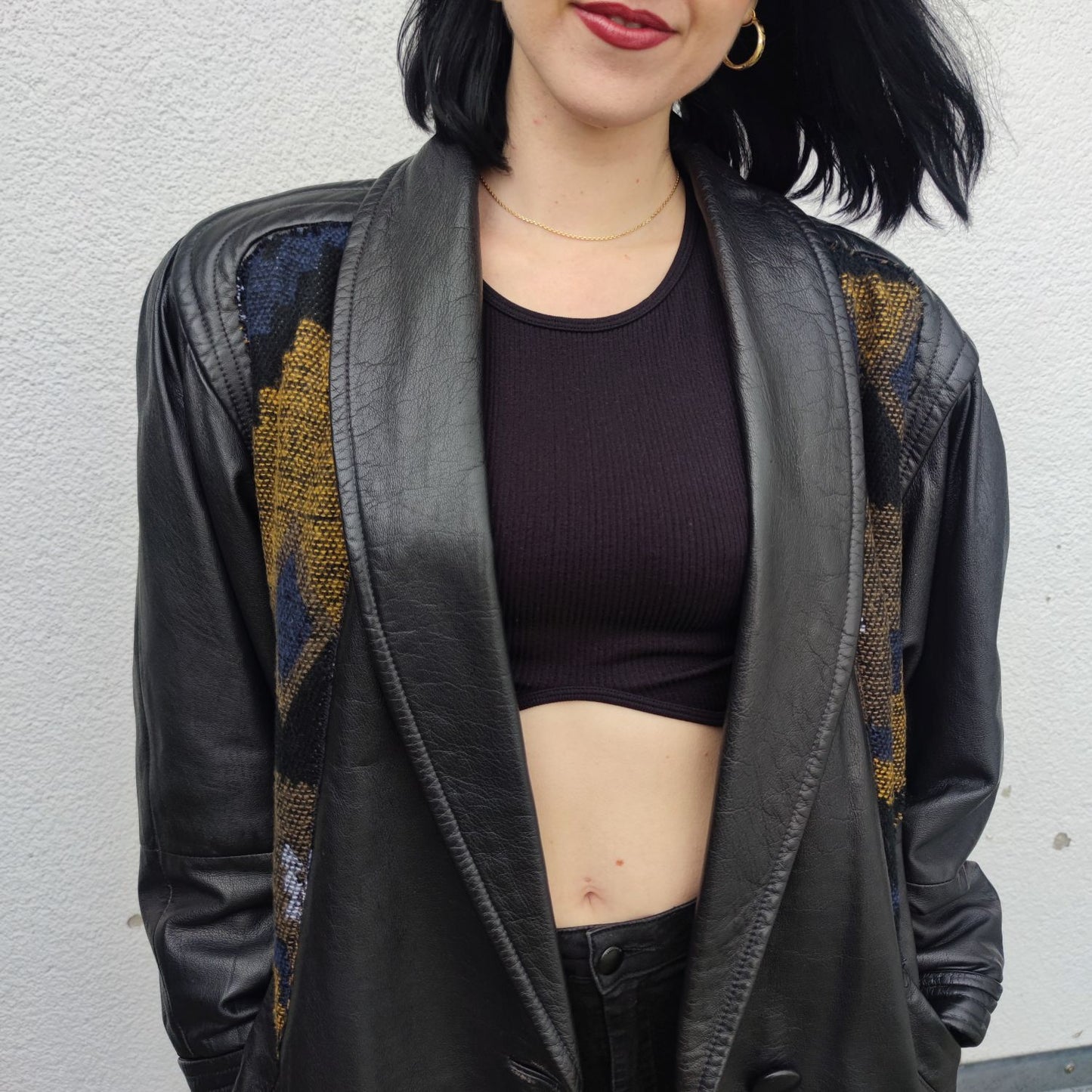Vintage Lederjacke schwarz mit Aztekenmuster Gr. L