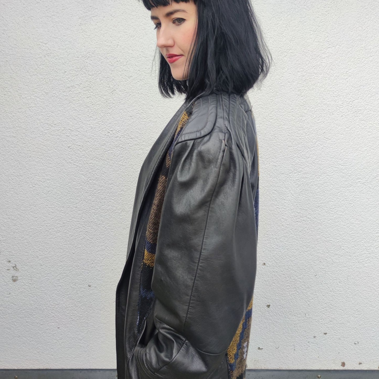 Vintage Lederjacke schwarz mit Aztekenmuster Gr. L