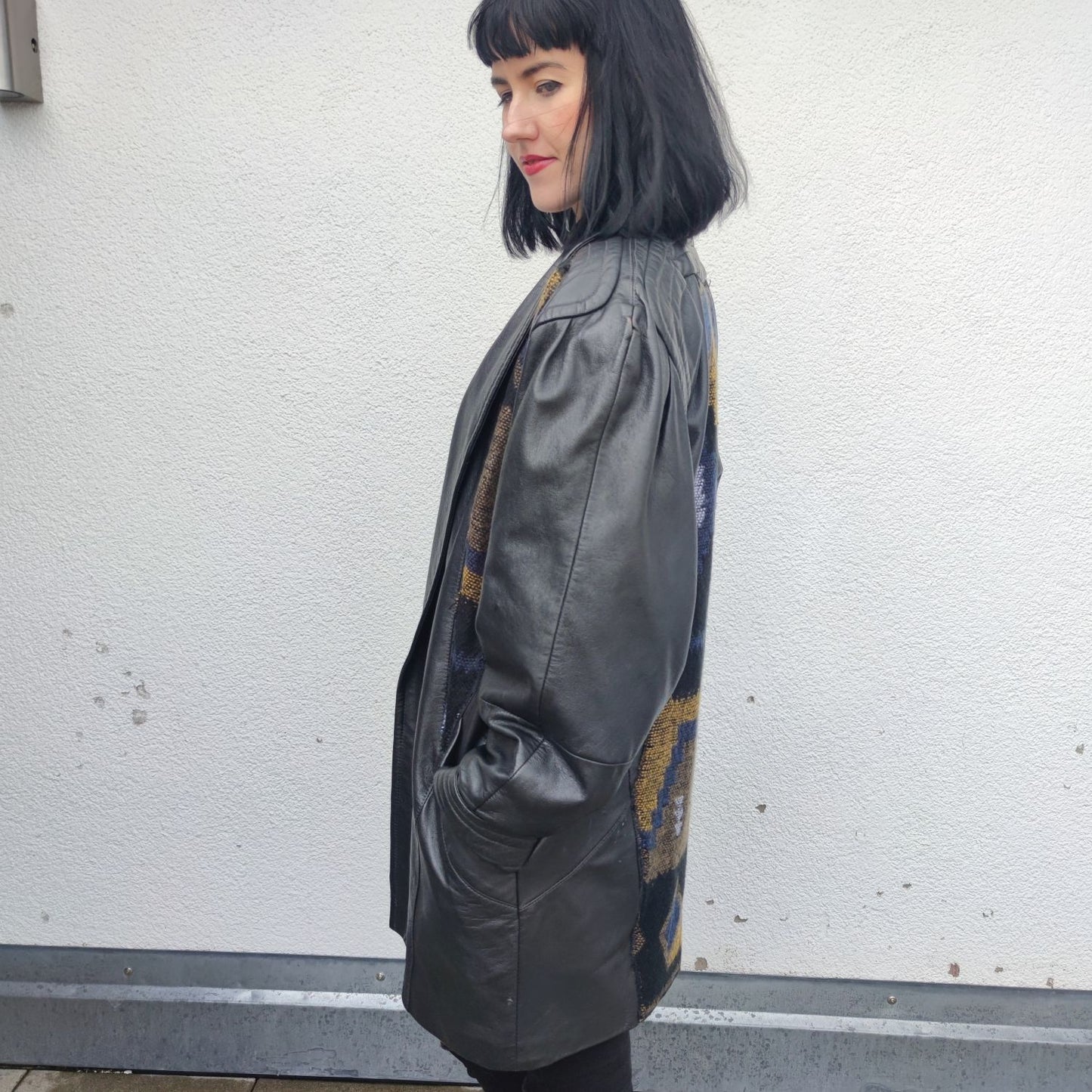 Vintage Lederjacke schwarz mit Aztekenmuster Gr. L