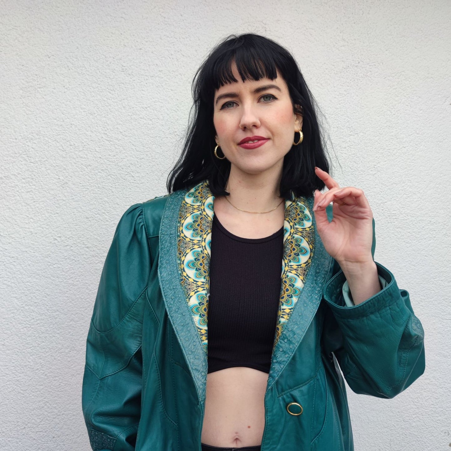 Vintage Lederjacke Petrol mit Blumen Details Gr. L