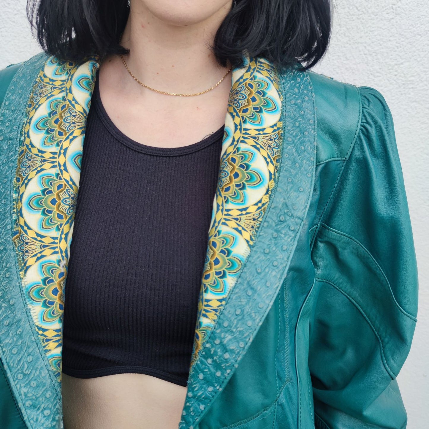 Vintage Lederjacke Petrol mit Blumen Details Gr. L