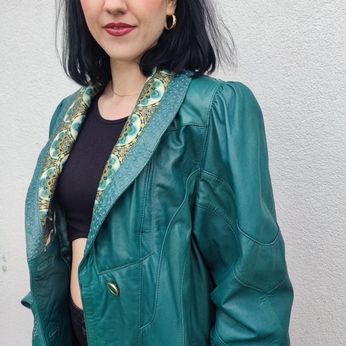 Vintage Lederjacke Petrol mit Blumen Details Gr. L