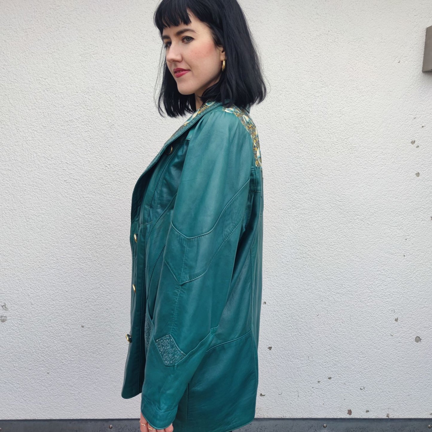 Vintage Lederjacke Petrol mit Blumen Details Gr. L