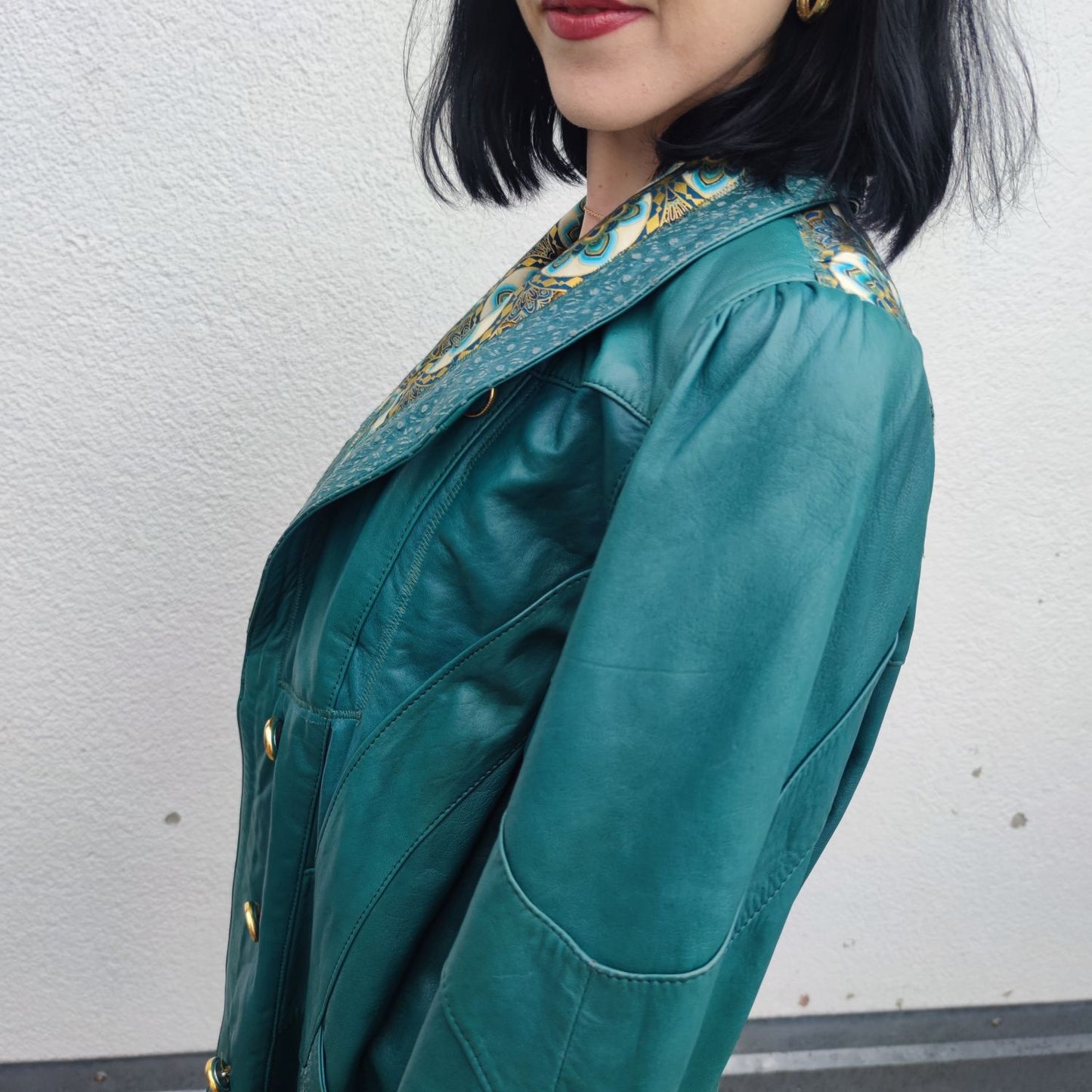 Vintage Lederjacke Petrol mit Blumen Details Gr. L