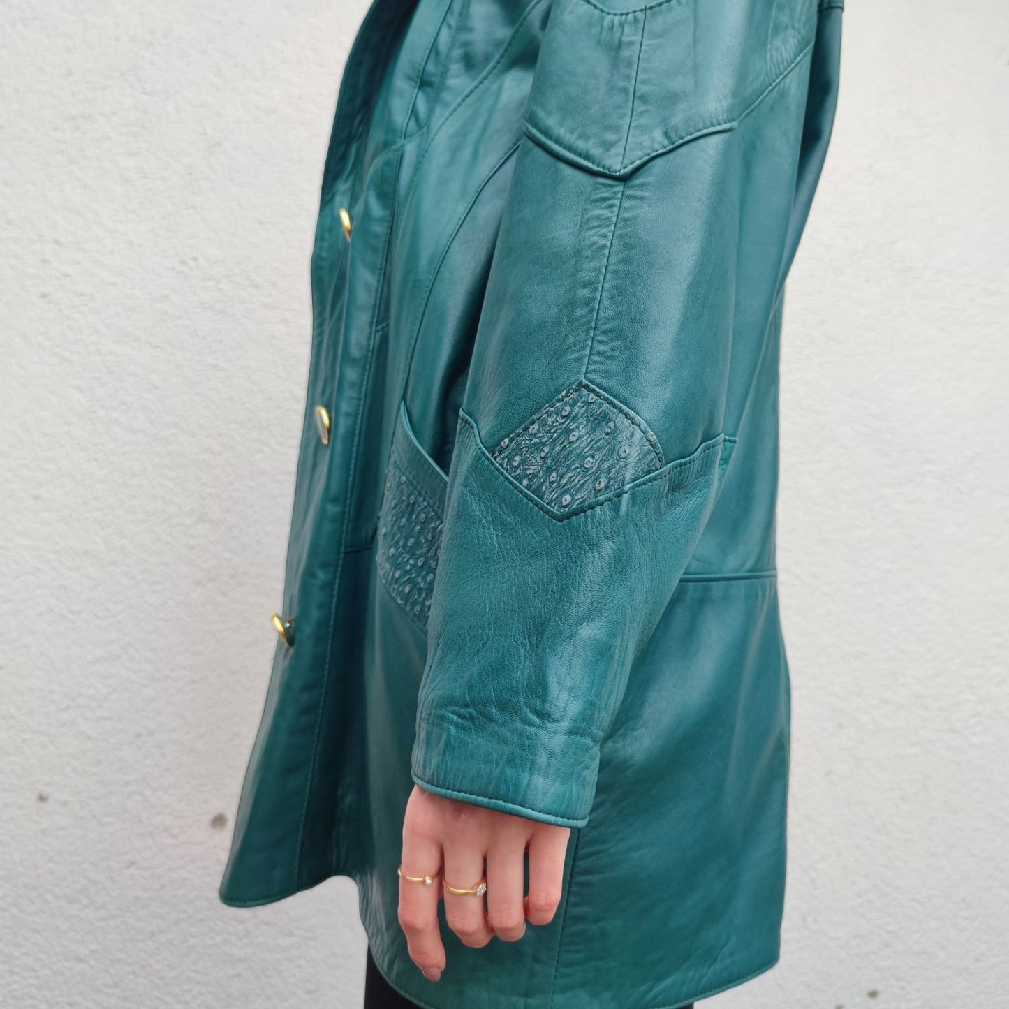 Vintage Lederjacke Petrol mit Blumen Details Gr. L