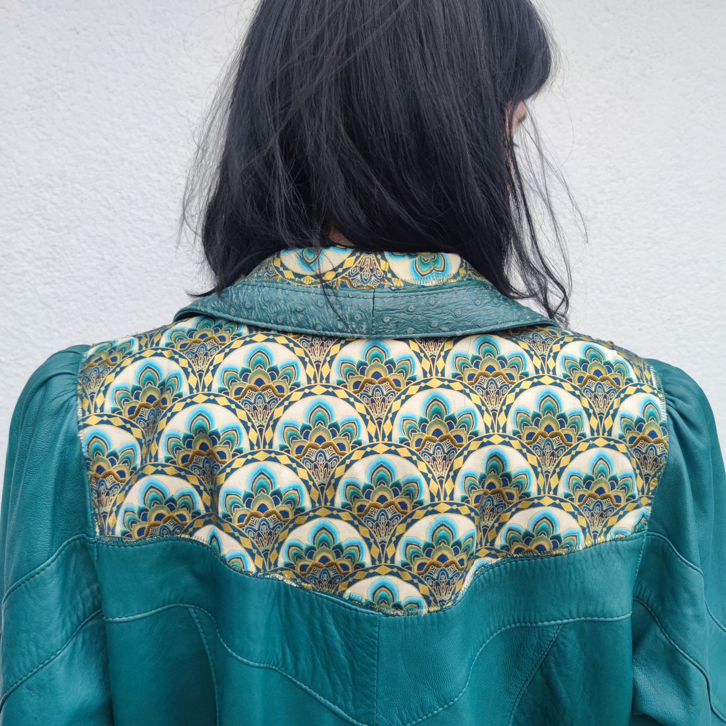 Vintage Lederjacke Petrol mit Blumen Details Gr. L