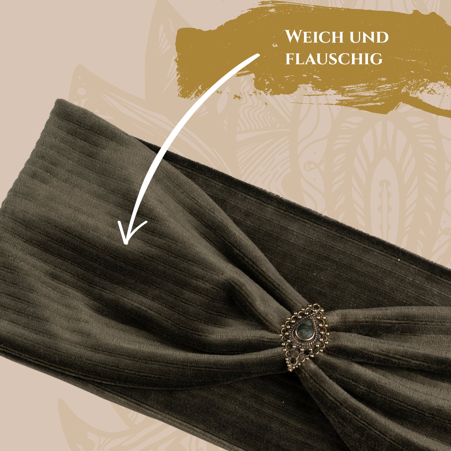 Strong Women Cord Haarband Khaki - mit Edelsteinen verziert