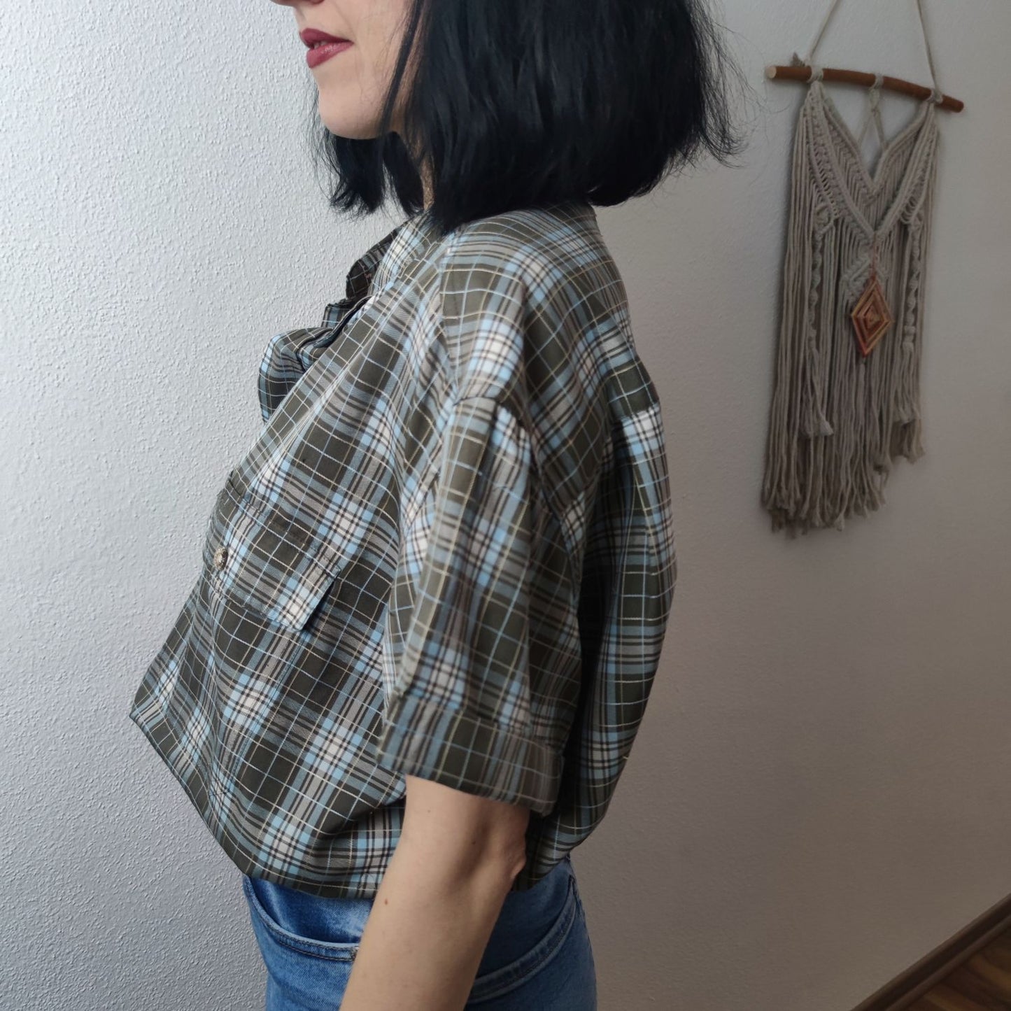 Hemd kariert in Taupe Gr. M mit passendem Scrunchie