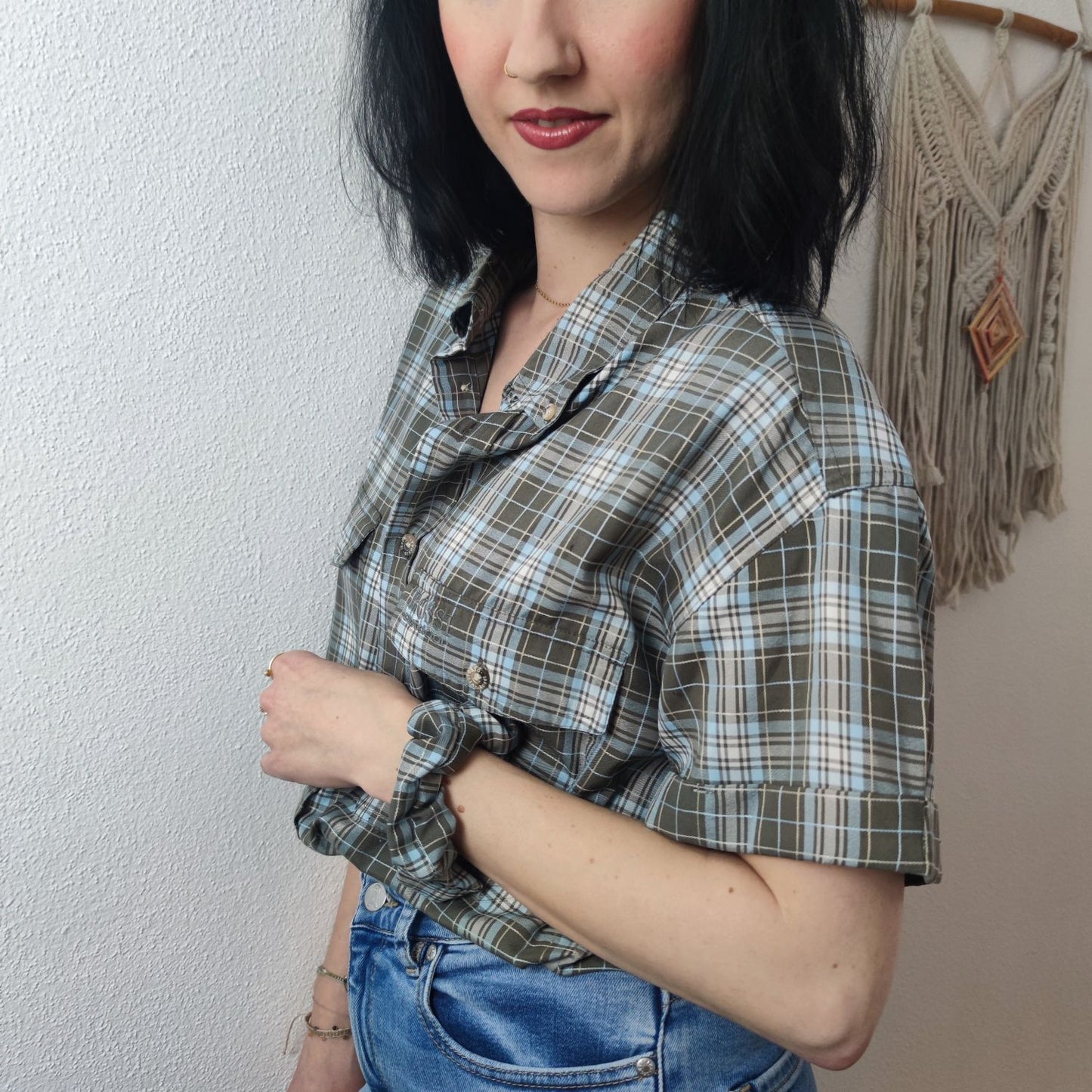 Hemd kariert in Taupe Gr. M mit passendem Scrunchie
