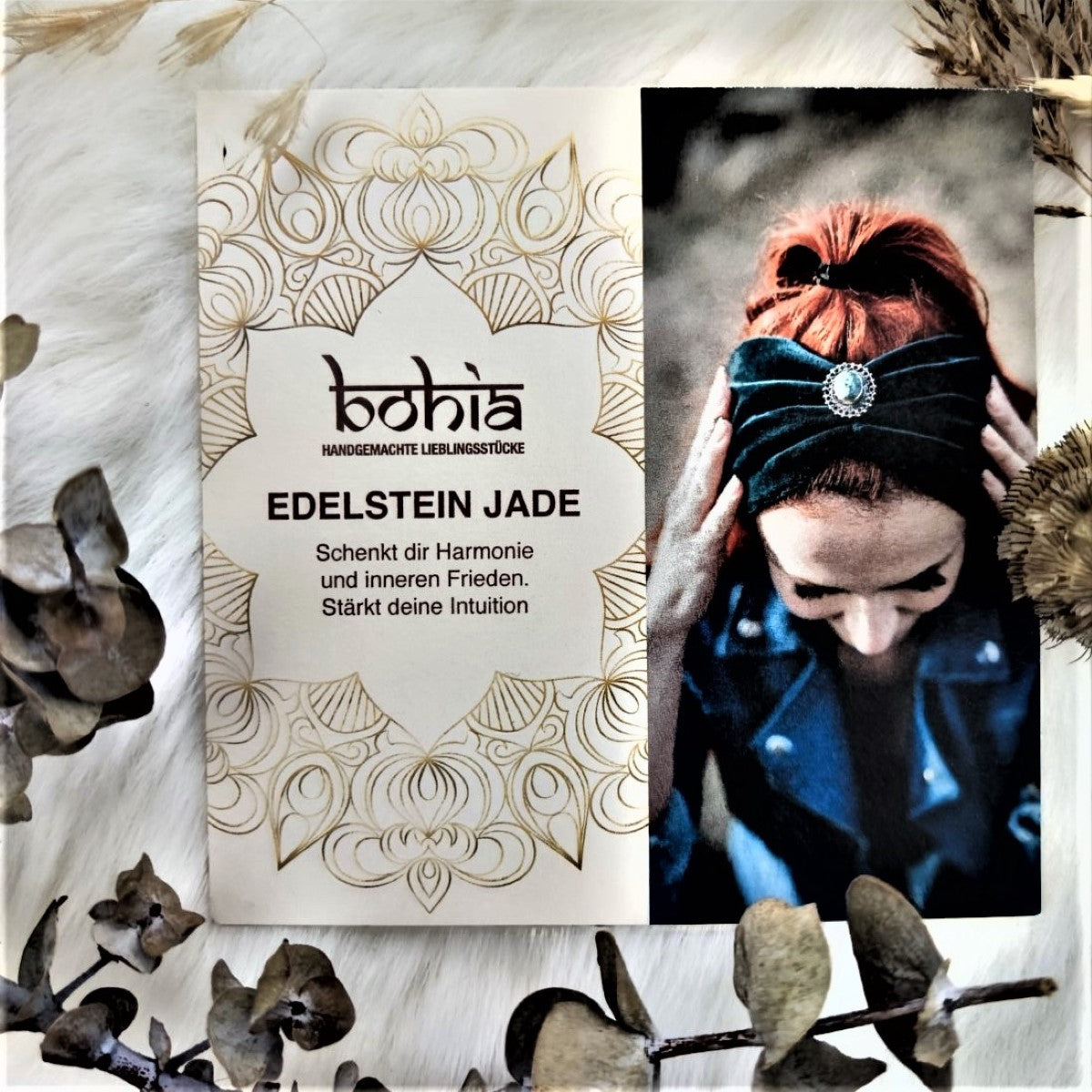 Boho Haarbänder Strick mit Edelsteinen verziert in 4 Farben grau, blau Tönen - Spirit & Soul Kollektion