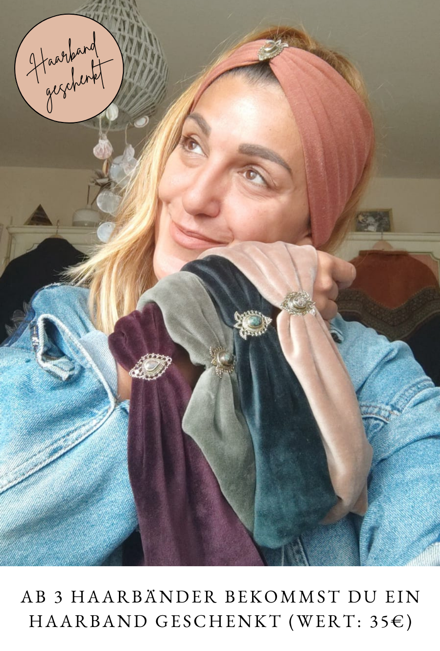Boho Samt Haarbänder mit Edelsteinen verziert in 6 Farben - Love Yourself Kollektion