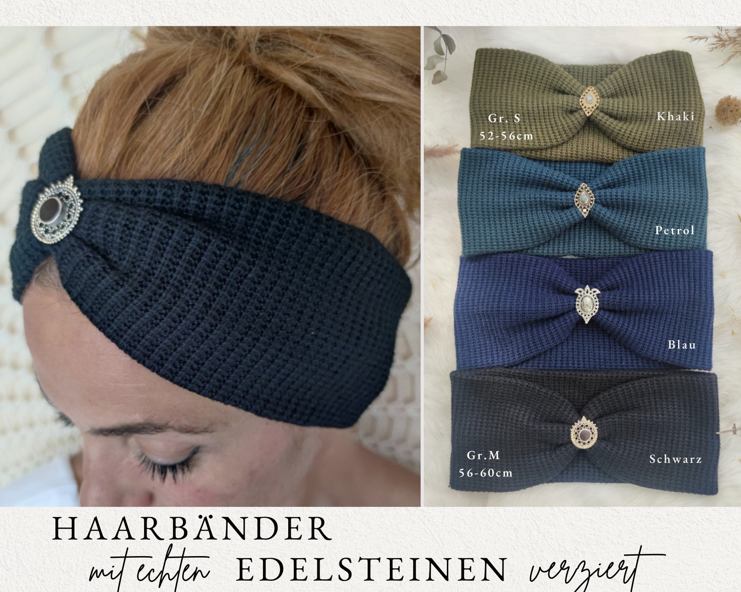 Boho Haarbänder Waffeloptik mit Edelsteinen verziert in 4 Farben - Happiness Kollektion