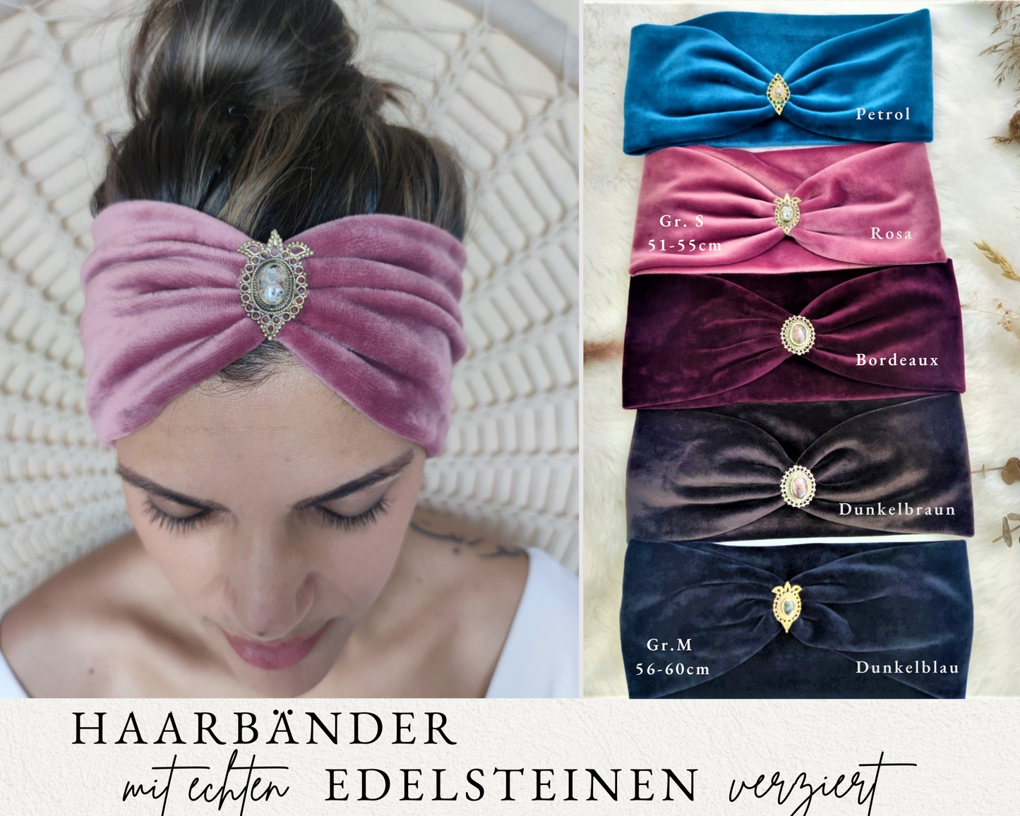 Boho Samt Haarbänder mit Edelsteinen verziert in 6 Farben - Love Yourself Kollektion