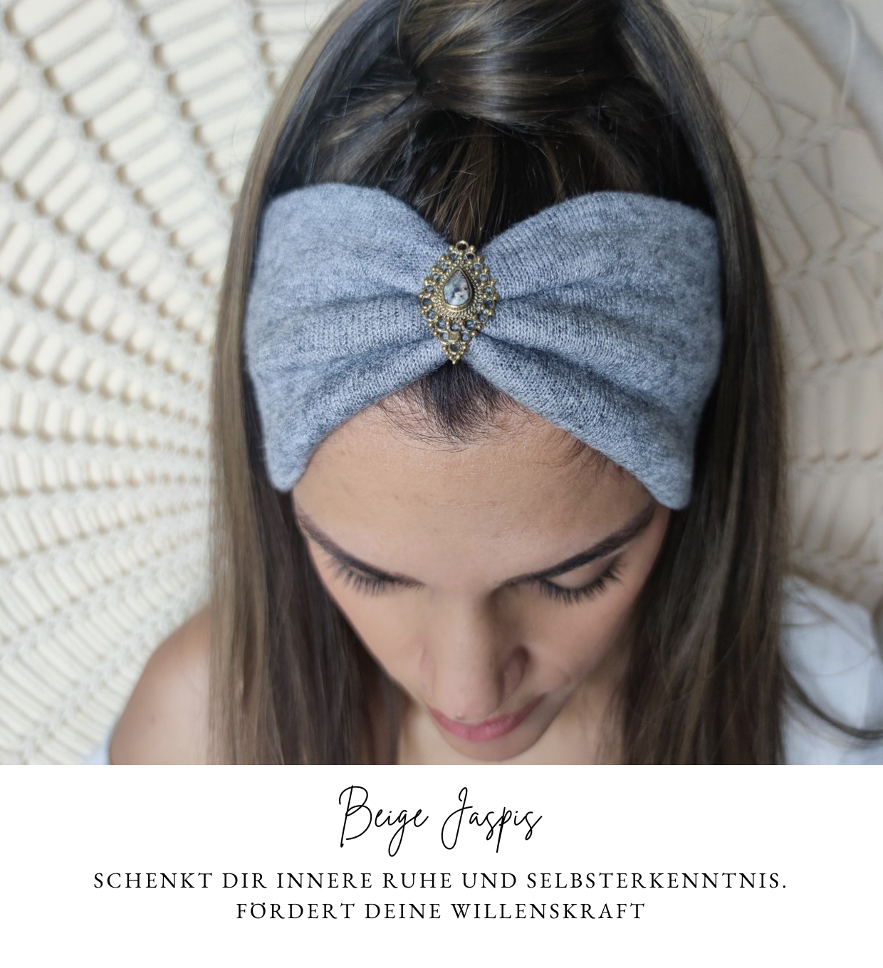 Boho Haarbänder Strick mit Edelsteinen verziert in 4 Farben grau, blau Tönen - Spirit & Soul Kollektion