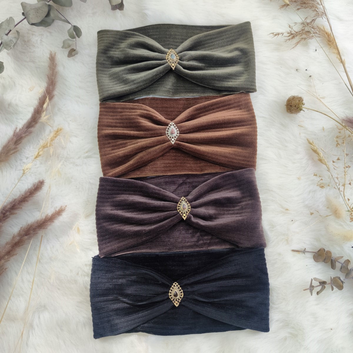 Strong Women Cord Haarband Khaki - mit Edelsteinen verziert