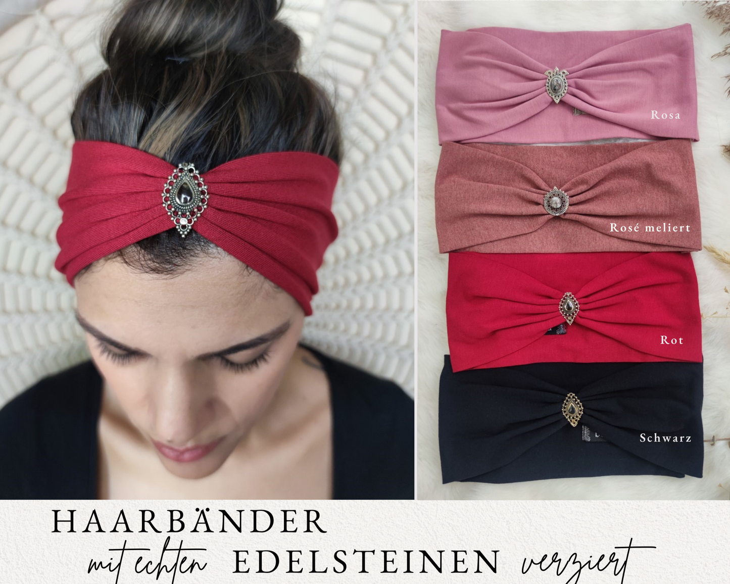 Boho Haarbänder Jersey mit Edelsteinen verziert in 5 Farben in rosa, rot, schwarz Tönen