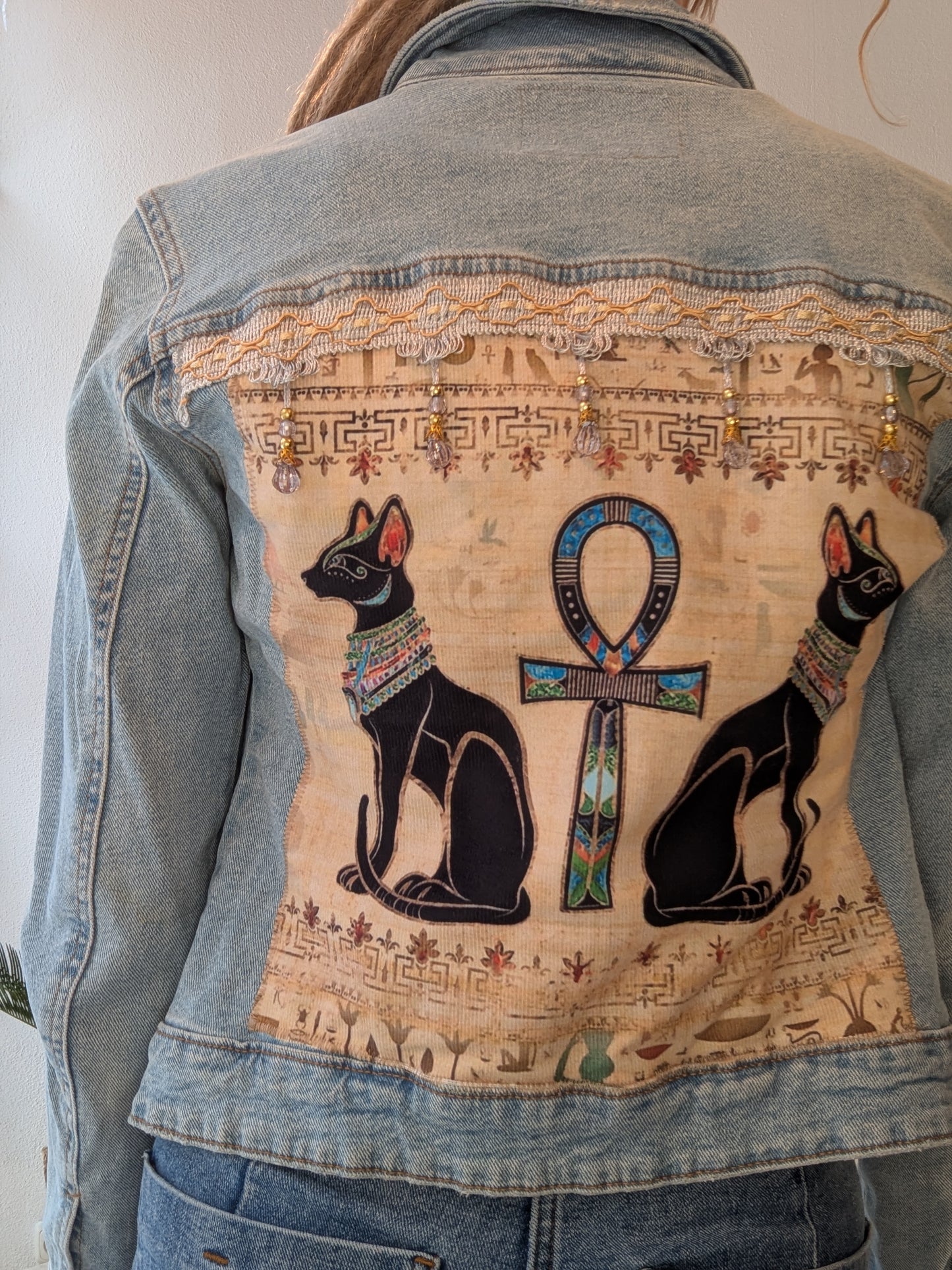 Vintage Jacke ägyptische Katzen Ankh-Kreuz Gr. XS