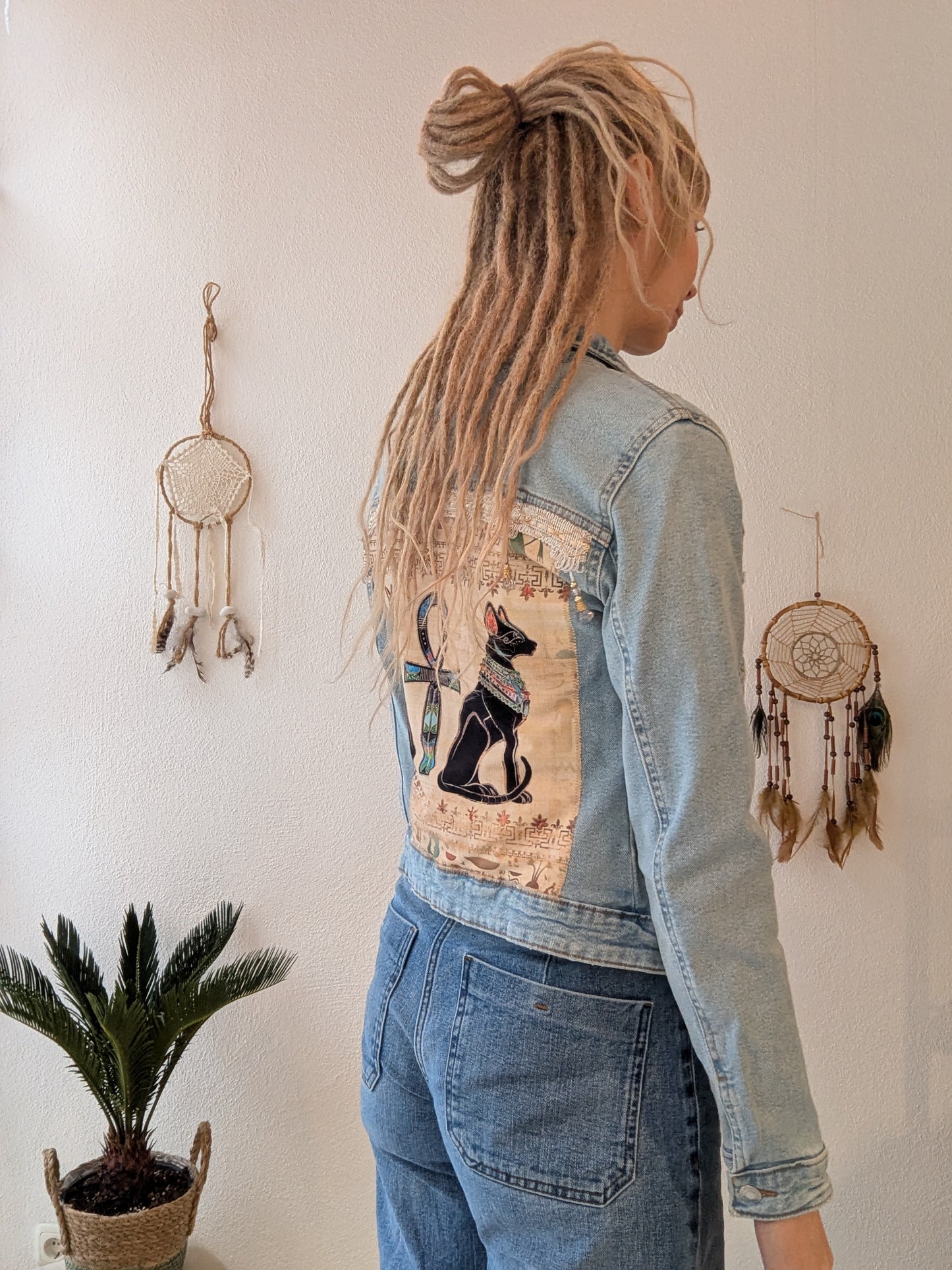 Vintage Jacke ägyptische Katzen Ankh-Kreuz Gr. XS