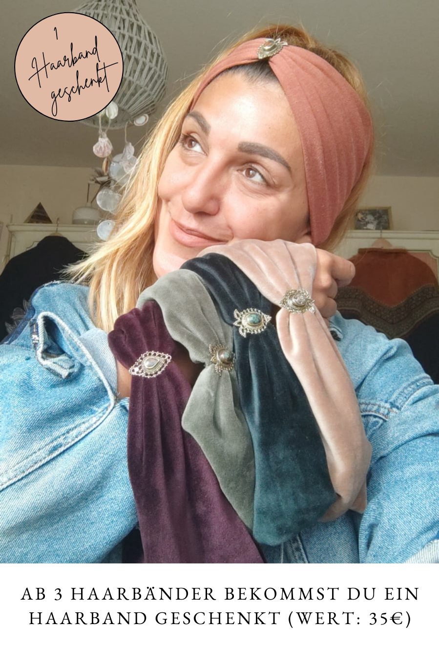 Love Yourself Samt Haarband petrol -  mit Edelsteinen verziert