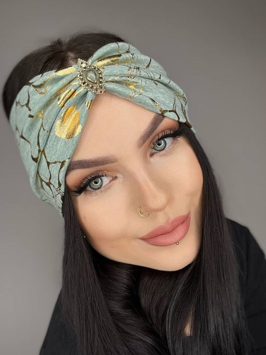 Jersey Haarband in türkis mit goldenen Details