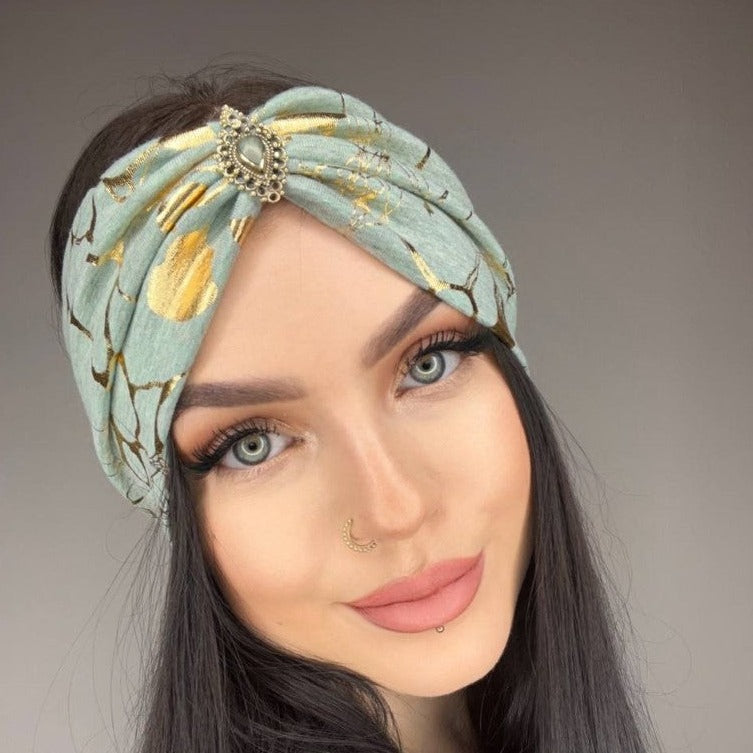 Jersey Haarband in türkis mit goldenen Details