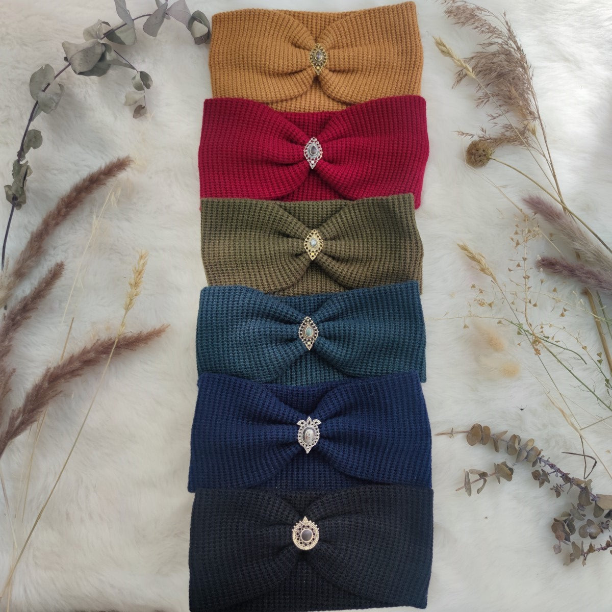 Boho Haarbänder Waffeloptik mit Edelsteinen verziert in 4 Farben - Happiness Kollektion