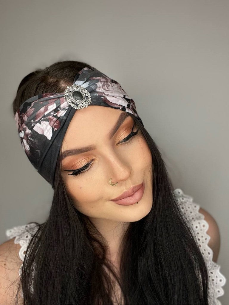 Black Rose Haarband mit Rosenmuster in schwarz / grau