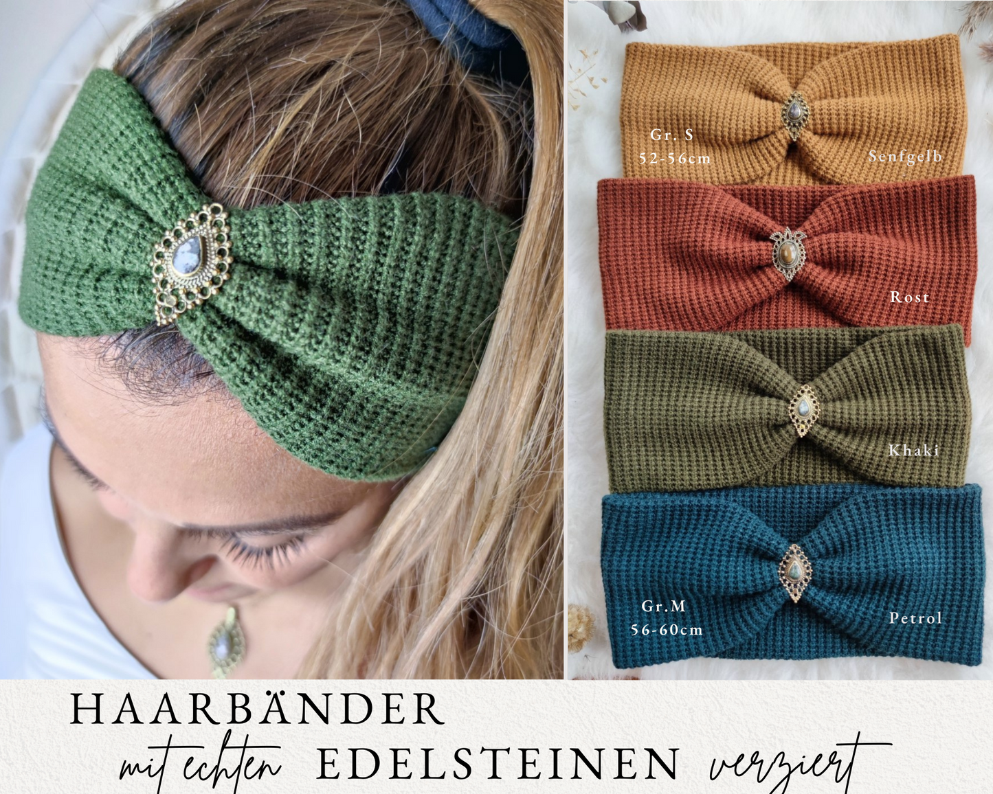 Boho Haarbänder Waffeloptik mit Edelsteinen verziert in 4 Farben - Harmonie Kollektion
