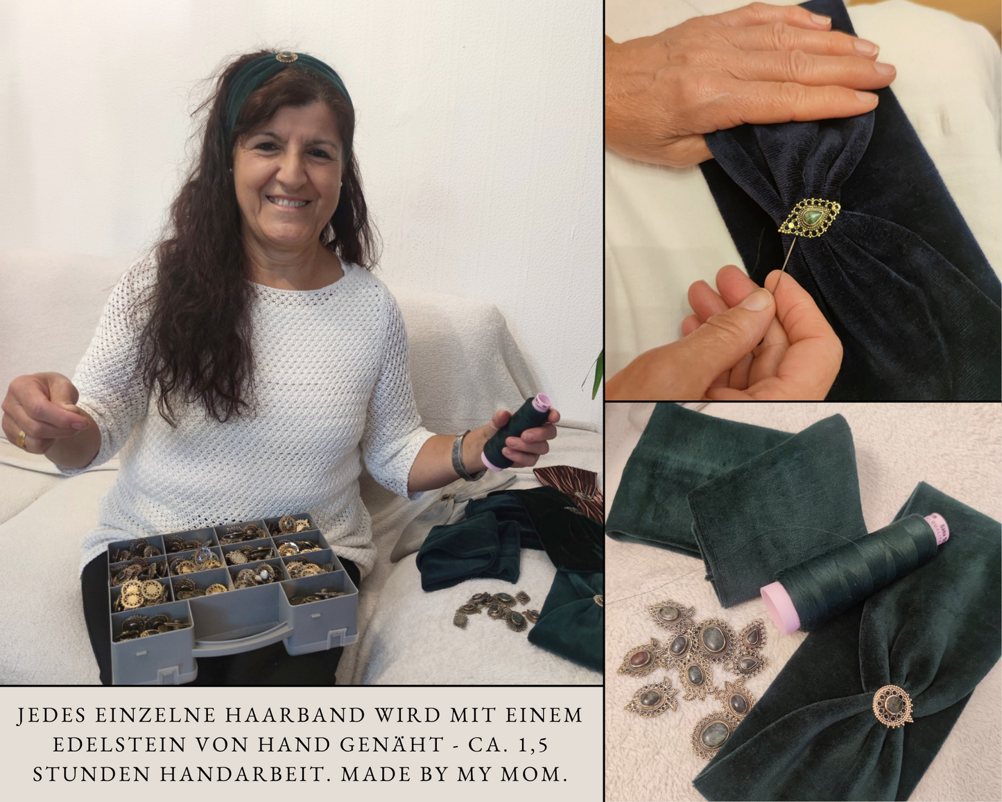 Love Yourself Samt Haarband petrol -  mit Edelsteinen verziert