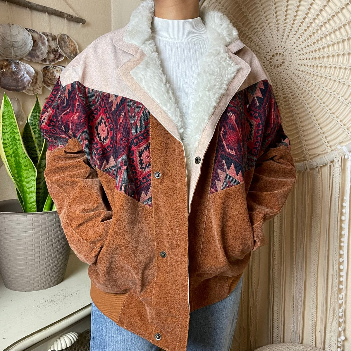 Boho Aztekenjacke Vintage Style 80er / 90er Vintage Jacke in rose / caramel braun