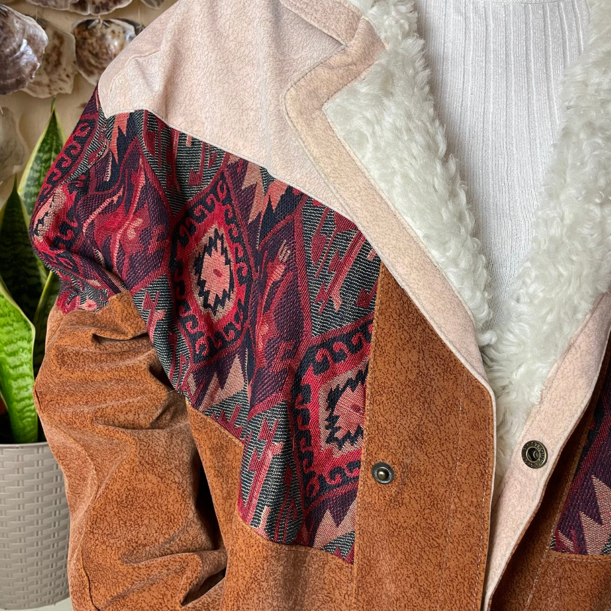 Boho Aztekenjacke Vintage Style 80er / 90er Vintage Jacke in rose / caramel braun