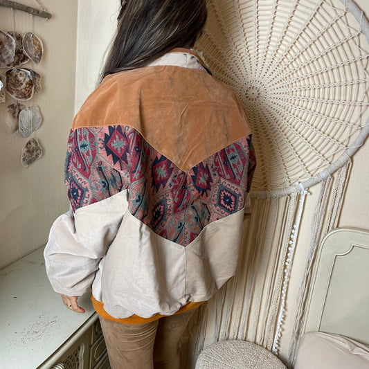 Boho Aztekenjacke Vintage Style 80er / 90er Vintage Jacke in beige / Caramelbraun